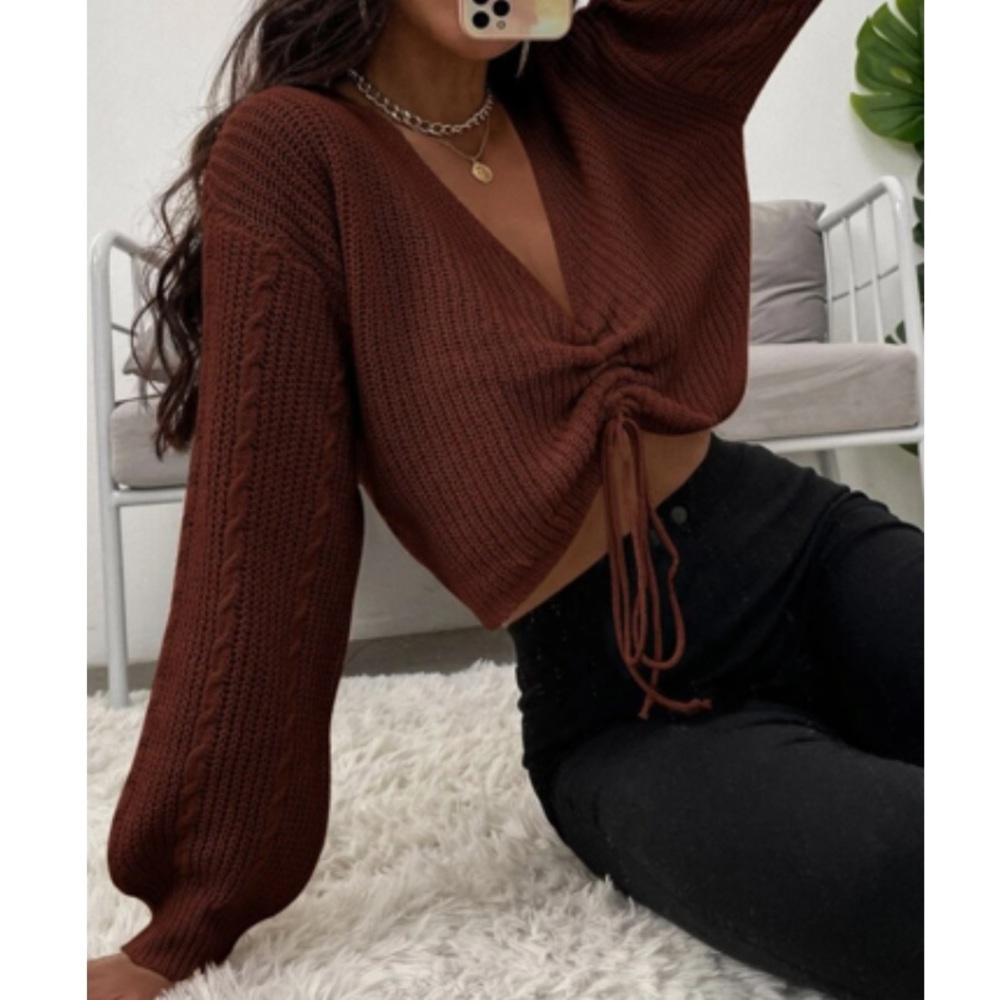 Boho coffee brown drawstring front sweater